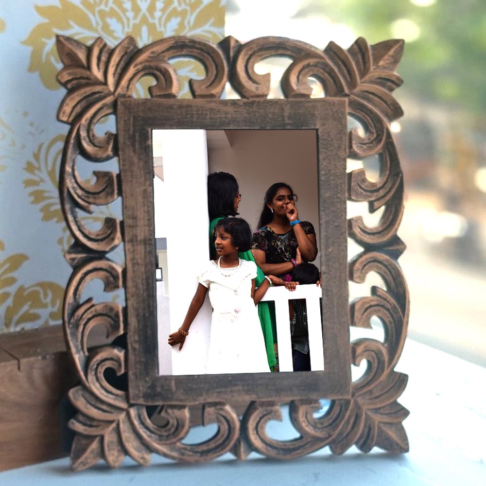 Antique Styled Floral Wooden Carved Photo Frame for Gifting and Decor thumbnail 3