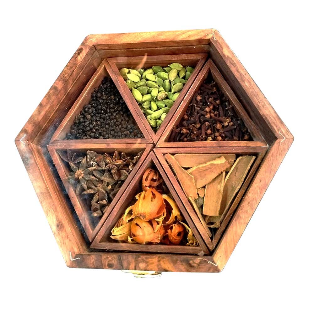 Spice Box Kerala Souvenir with 6 Original Spices Hexagon Shaped Crafted in Wood with Glass Top for Gifting thumbnail 1