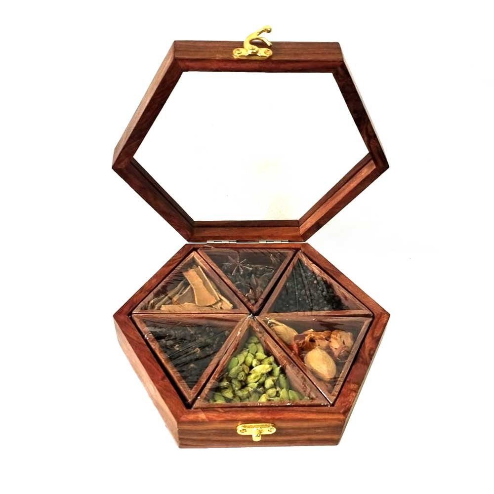 Spice Box Kerala Souvenir with 6 Original Spices Hexagon Shaped Crafted in Wood with Glass Top for Gifting thumbnail 3