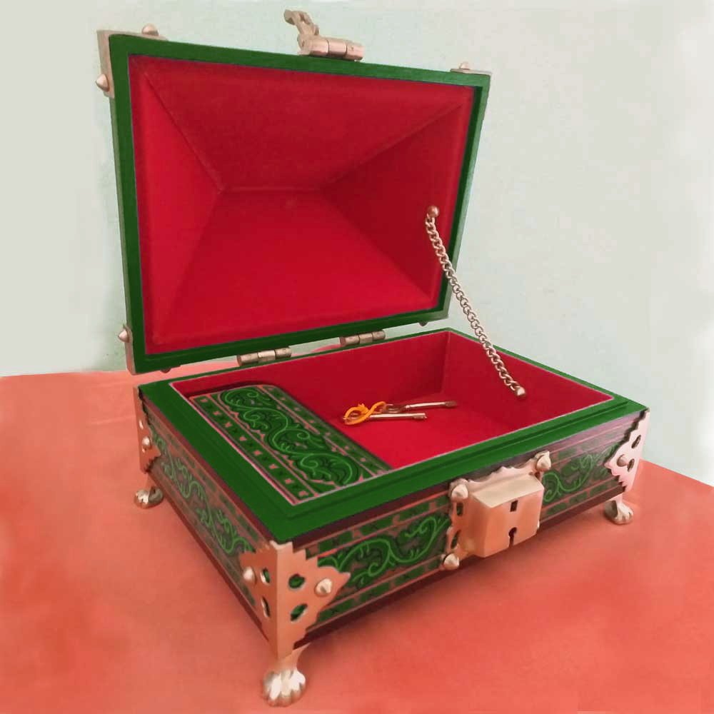 Kauthuk Mahagony Wood Crafted Mural Painted Nettur Petti Traditional Jewellery Box (Green, 13 x 9 Inches) thumbnail 3