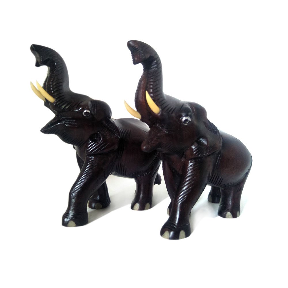 Rosewood crafted figurine of Elephant with trunk up salute posture (Set of 2) thumbnail 1