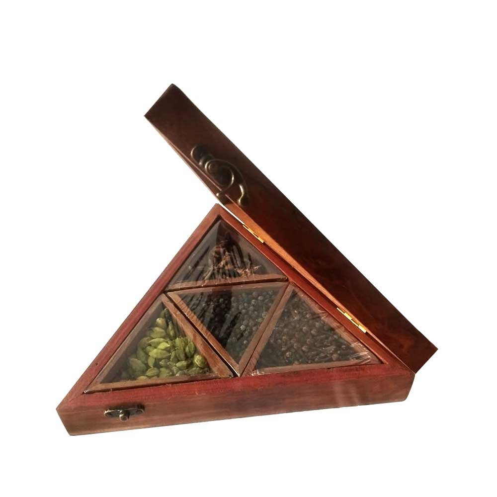 Spice Gift Box Triangular Shaped Crafted in Wood with Transparent Glass Lid with Natural Spices thumbnail 3
