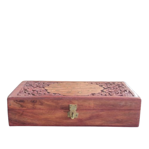Wooden Carved Jewellery Trinket Box with Brass Inlay Design