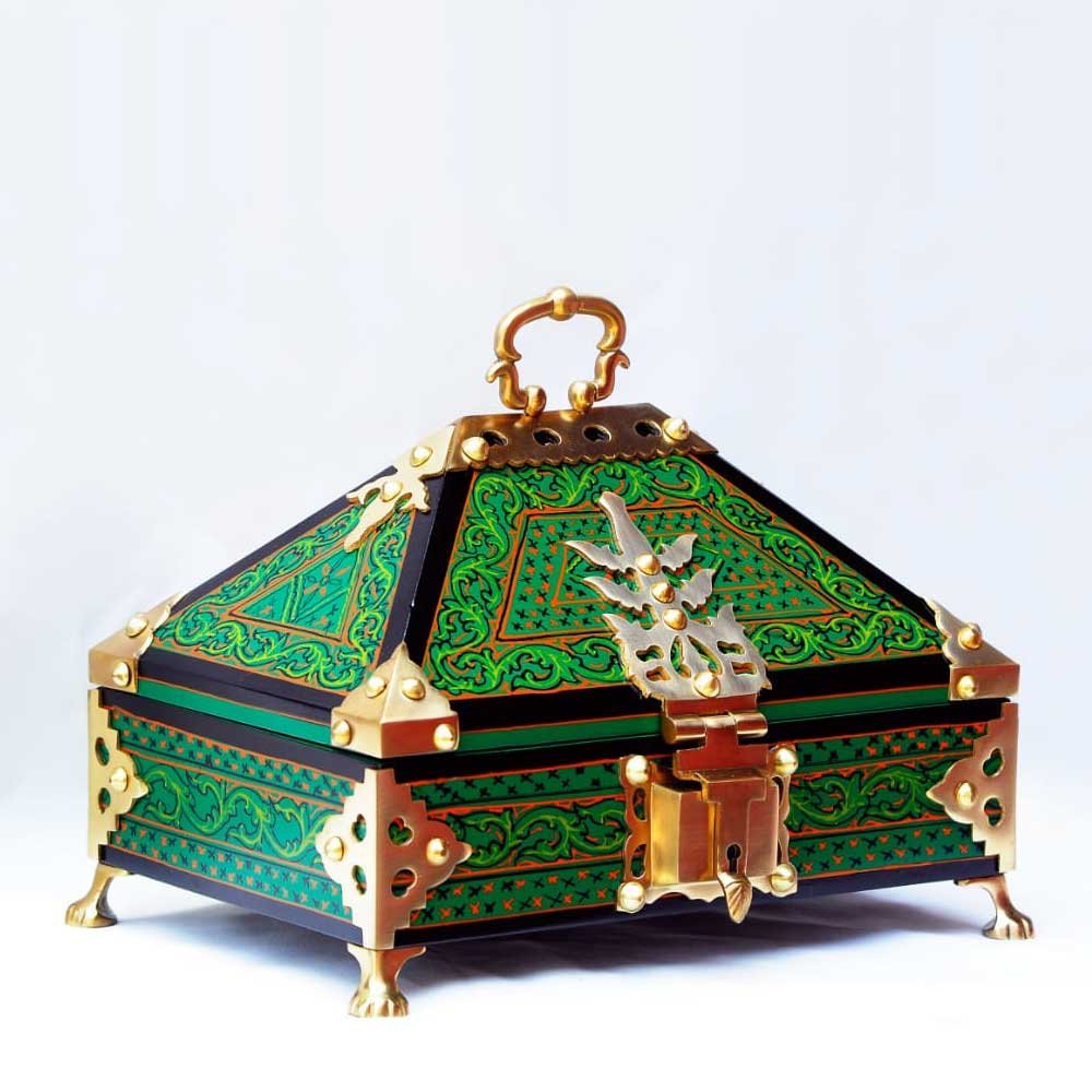 Kauthuk Mahagony Wood Crafted Mural Painted Nettur Petti Traditional Jewellery Box (Green, 13 x 9 Inches) thumbnail 1