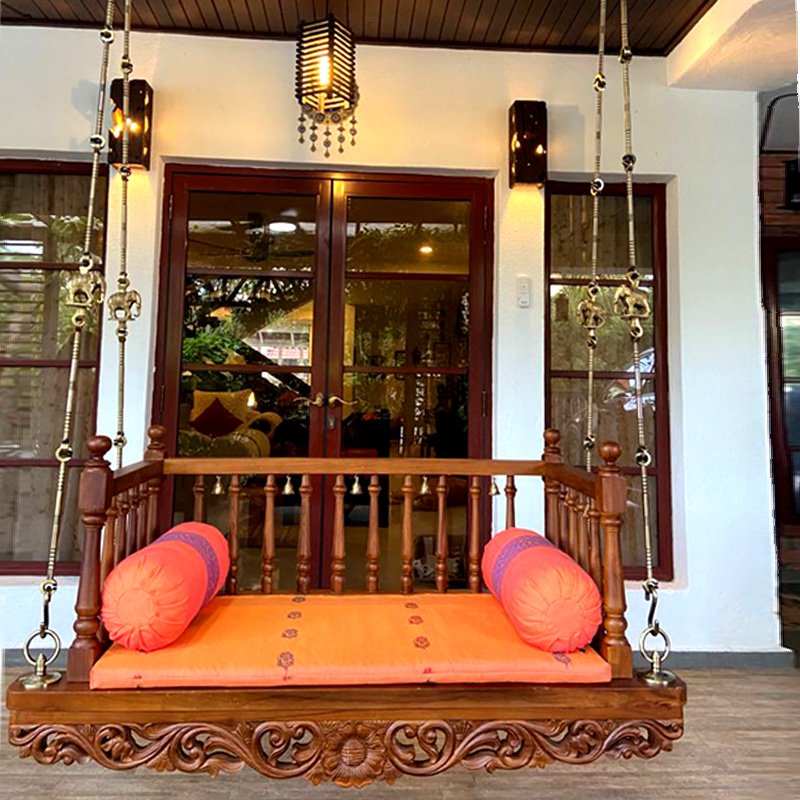 Teak Wood Crafted Swing Seater Traditional Design For Living Area Decor 4feetX2feet thumbnail 4